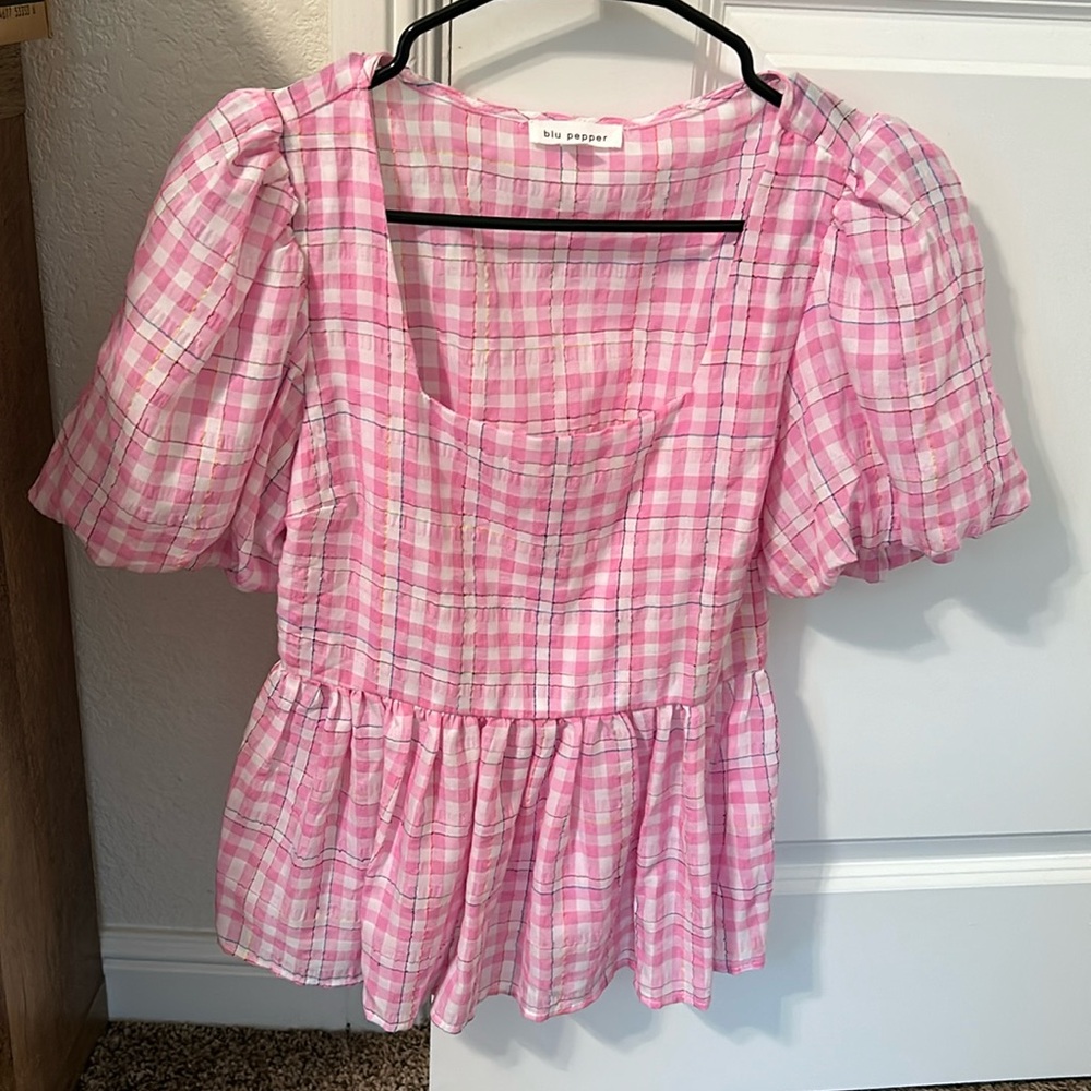 Blu pepper gingham peplum top with puff sleeves